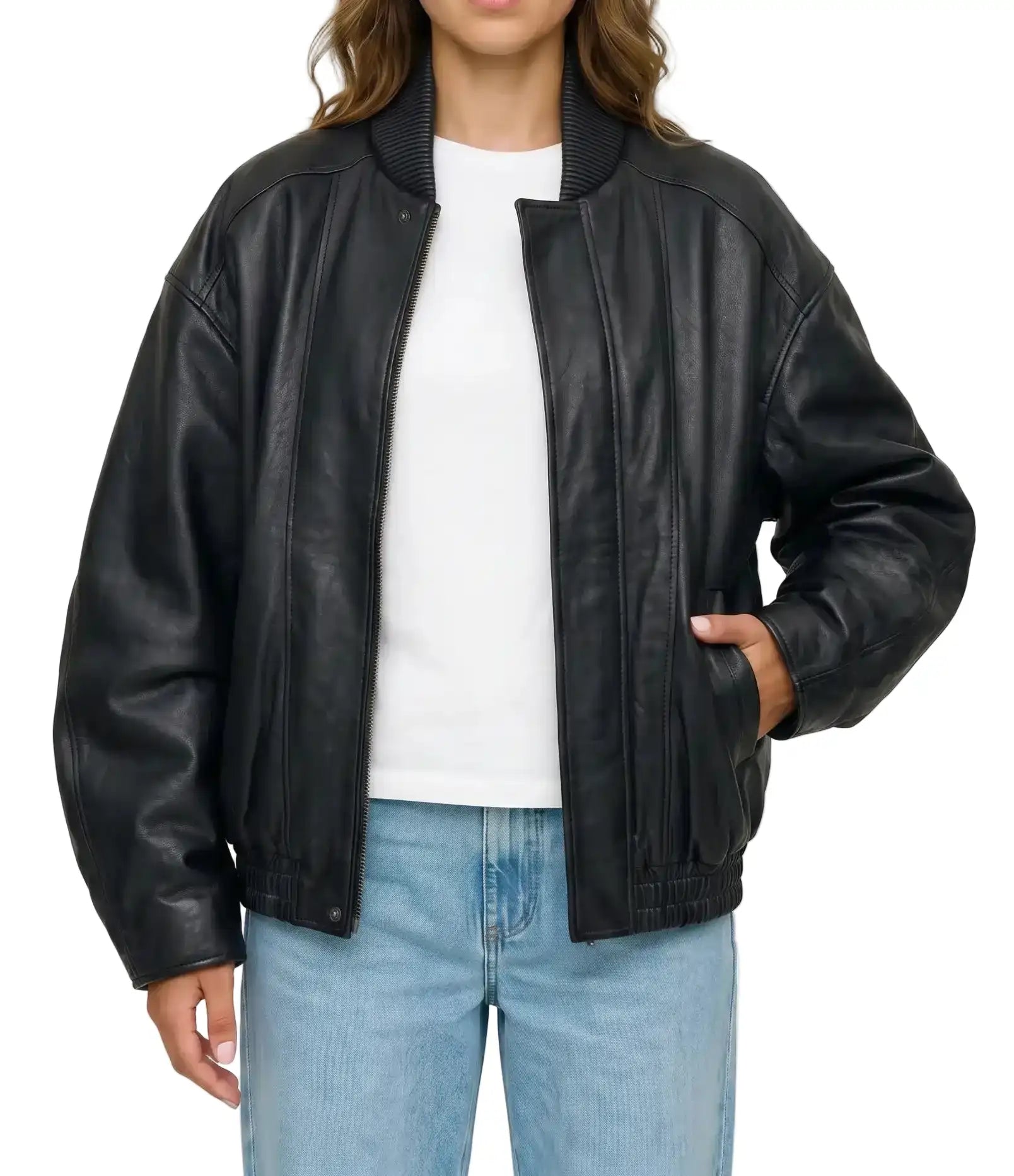 Front view of The Sora women's black real lambskin oversized bomber leather jacket by Amrika Leather featuring a relaxed fit, rib-knit bomber collar, and YKK front zipper.