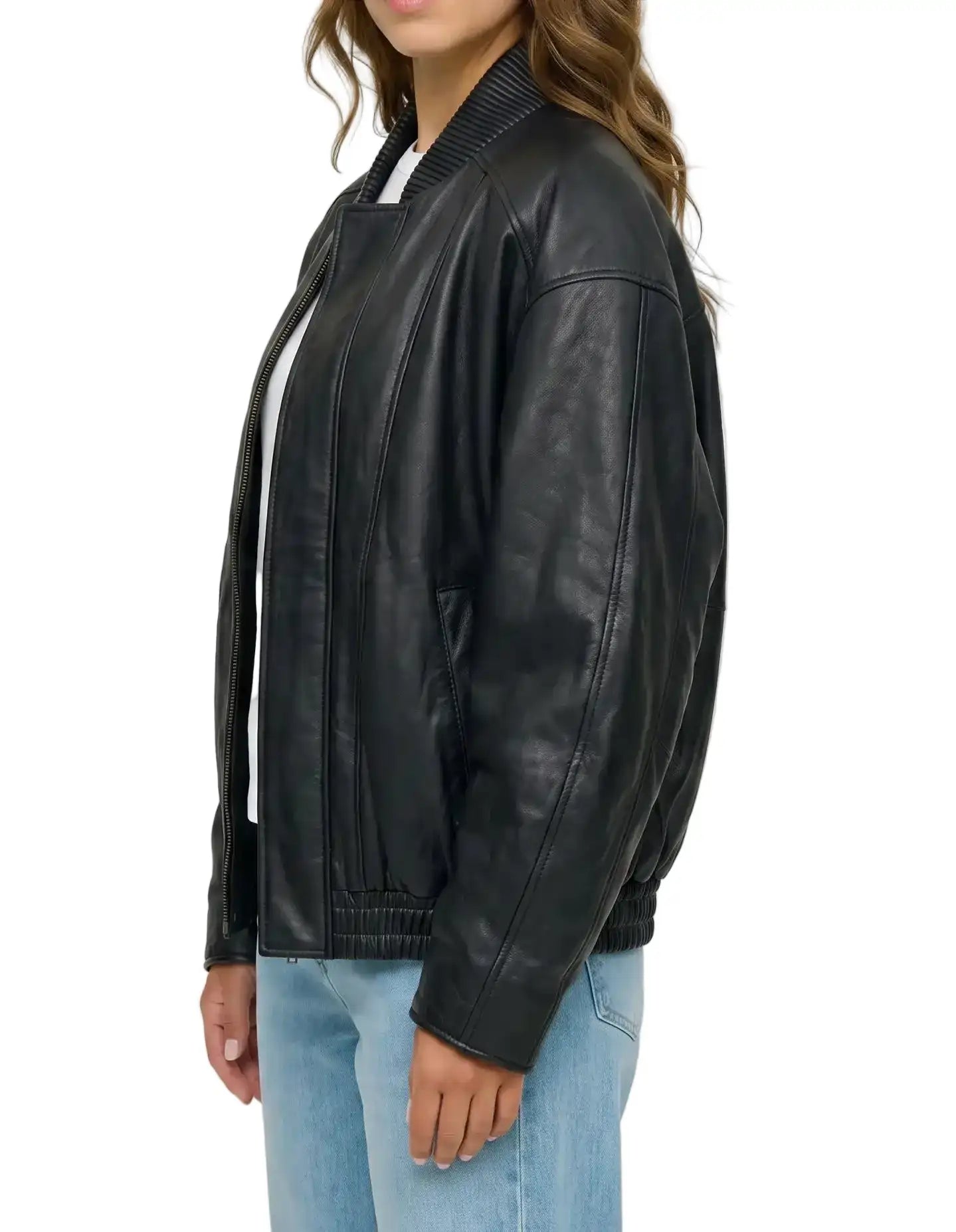 Side view of The Sora women's black real lambskin oversized bomber leather jacket by Amrika Leather showcasing the relaxed profile and rib-knit collar.