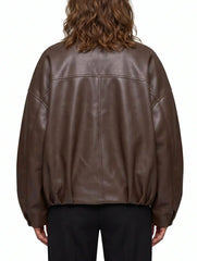 Back view of The Veya women's brown genuine lambskin oversized belted leather jacket by Amrika Leather highlighting the clean oversized silhouette.