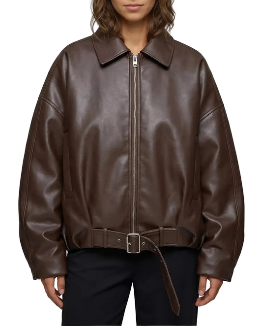 Front view of The Veya women's brown real lambskin oversized belted leather jacket by Amrika Leather featuring a structured collar, oversized fit, and adjustable waist belt.