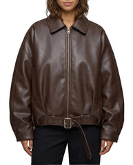 Front view of The Veya women's brown real lambskin oversized belted leather jacket by Amrika Leather featuring a structured collar, oversized fit, and adjustable waist belt.
