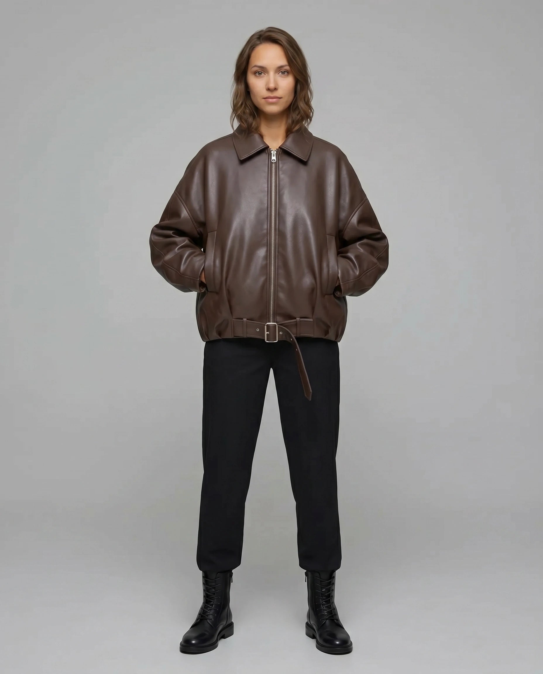 Full-length view of The Veya women's brown genuine lambskin oversized belted leather jacket by Amrika Leather showcasing the complete oversized silhouette and styling.