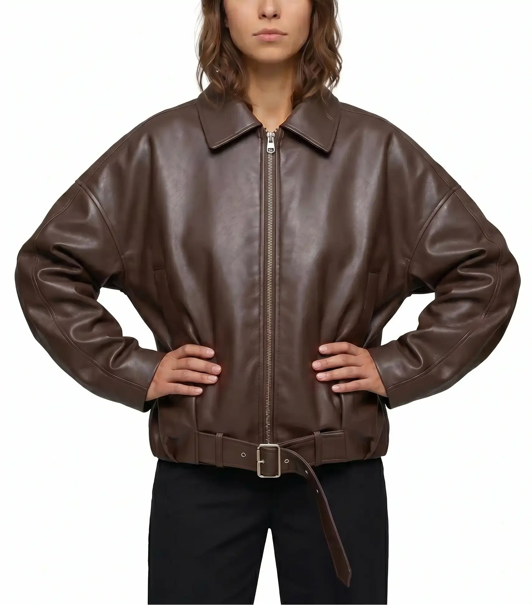 Hero pose of The Veya women's brown real lambskin oversized belted leather jacket by Amrika Leather styled with a contemporary city outfit.