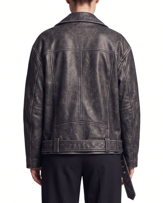 Back view of The Zora women's oversized worn-off lambskin motorcycle leather jacket by Amrika Leather highlighting its relaxed oversized silhouette.