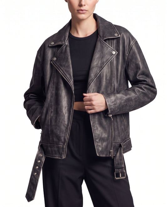 Front view of The Zora women's oversized worn-off lambskin motorcycle leather jacket by Amrika Leather featuring an asymmetrical biker front and adjustable waist belts.