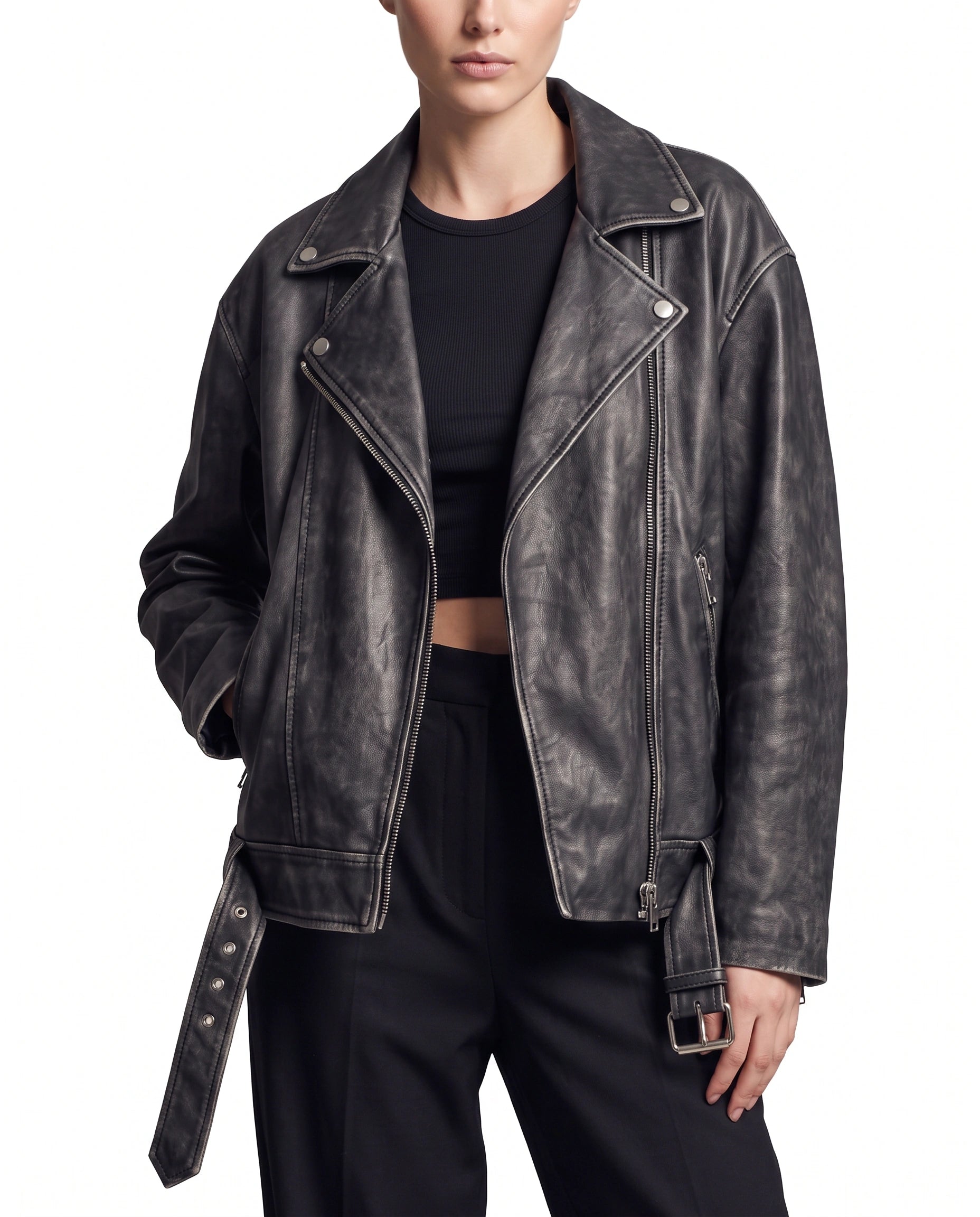 Hero view of The Zora women's oversized worn-off lambskin motorcycle leather jacket styled in a bold contemporary motorcycle-inspired look.