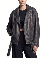 Hero view of The Zora women's oversized worn-off lambskin motorcycle leather jacket styled in a bold contemporary motorcycle-inspired look.