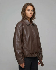 The Veya – Women's Brown Real Lambskin Oversized Belted Leather Jacket