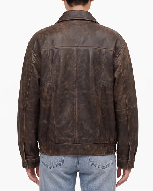 Back view of The Aspen women's oversized distressed brown genuine lambskin leather jacket.