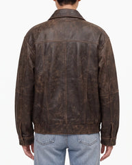 Back view of The Aspen women's oversized distressed brown genuine lambskin leather jacket.