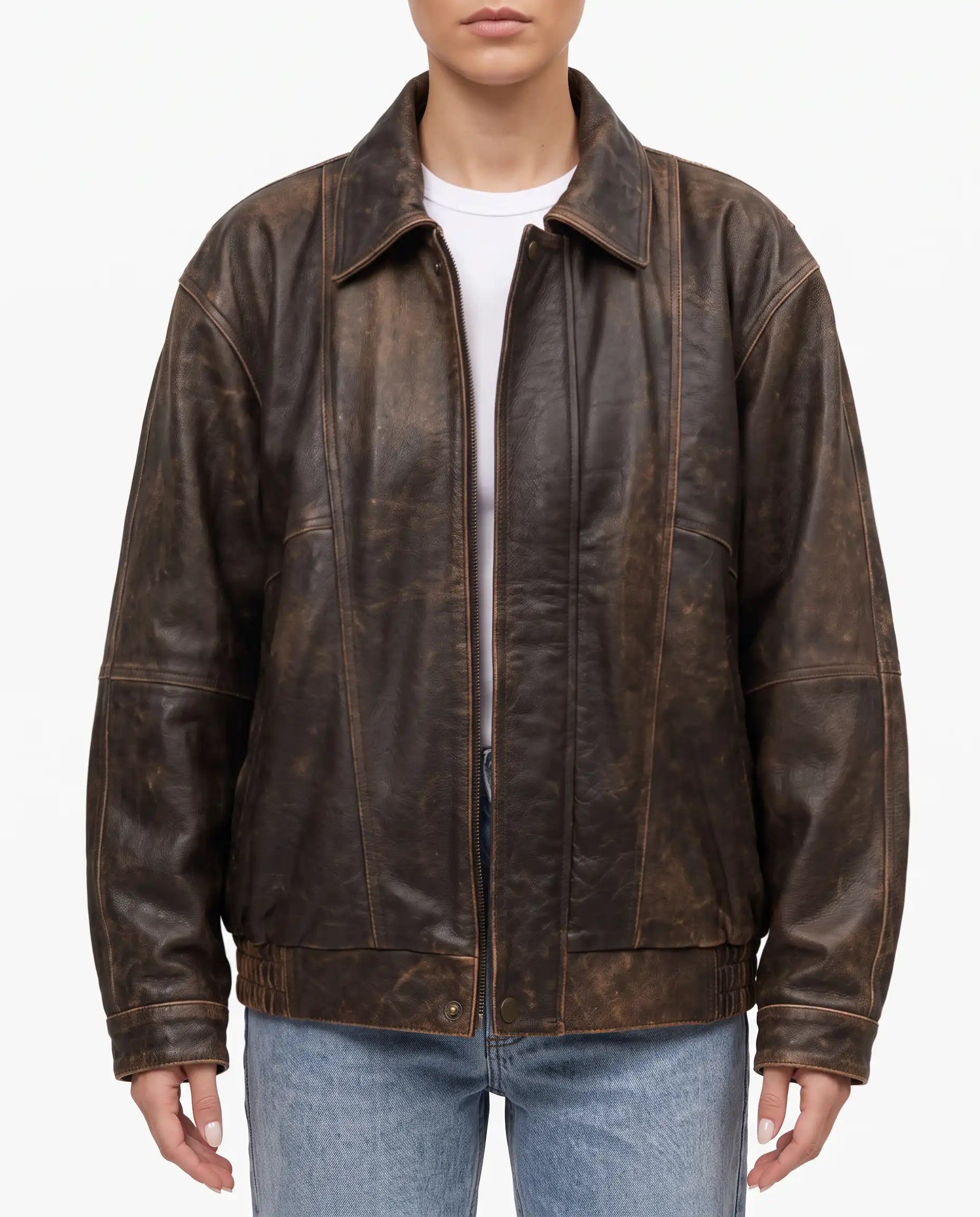 Front view of The Aspen women's oversized distressed brown lambskin leather jacket.