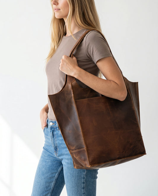 Woman carrying The Grand large buffalo leather tote bag by Amrika Leather, showcasing its oversized everyday design.
