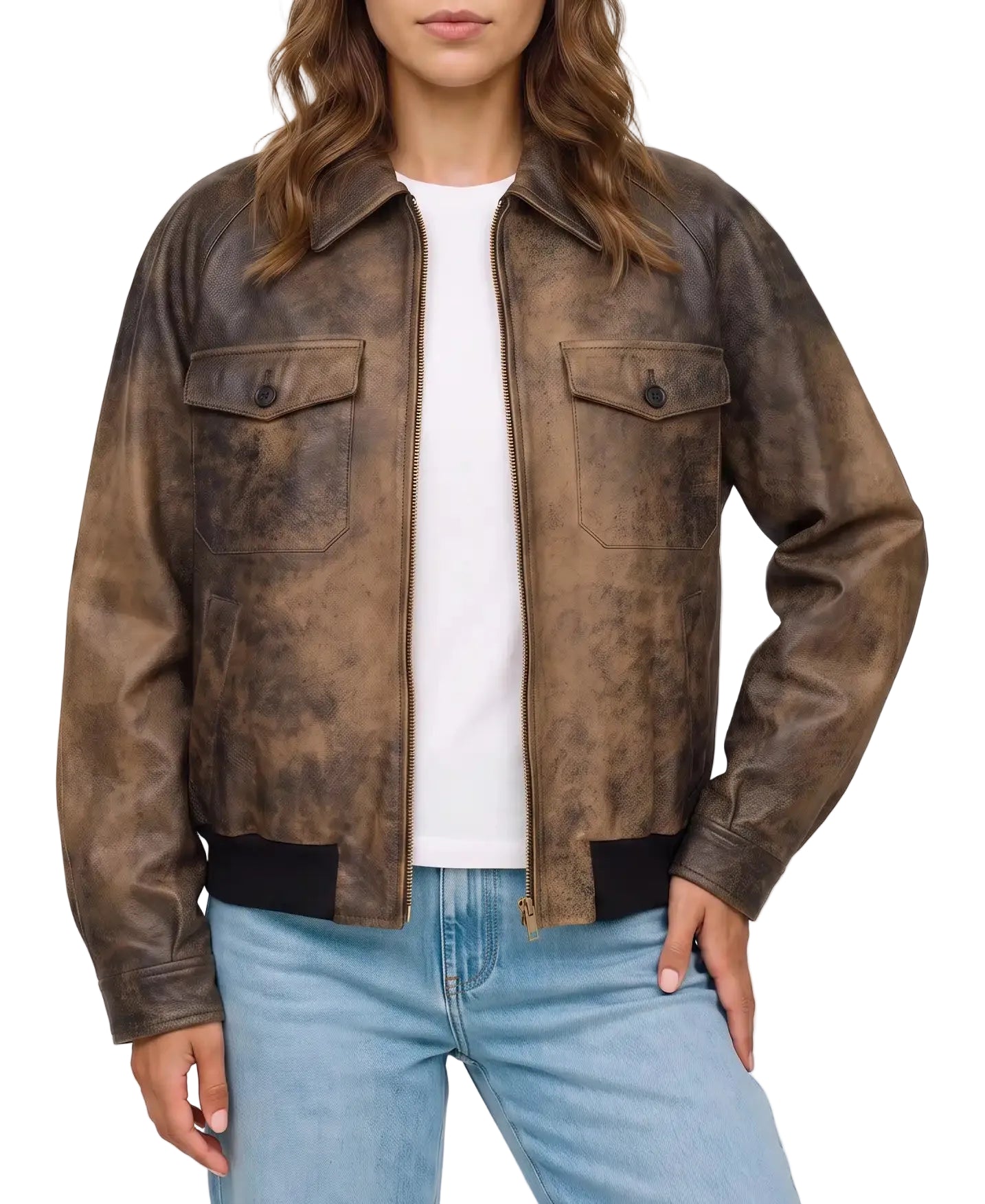 Front view of The Hazel women's waxed suede leather bomber jacket in distressed brown genuine suede leather.