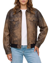 Front view of The Hazel women's waxed suede leather bomber jacket in distressed brown genuine suede leather.