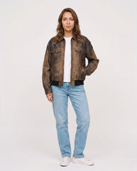 Full-length view of The Hazel women's waxed suede leather bomber jacket styled for everyday wear.