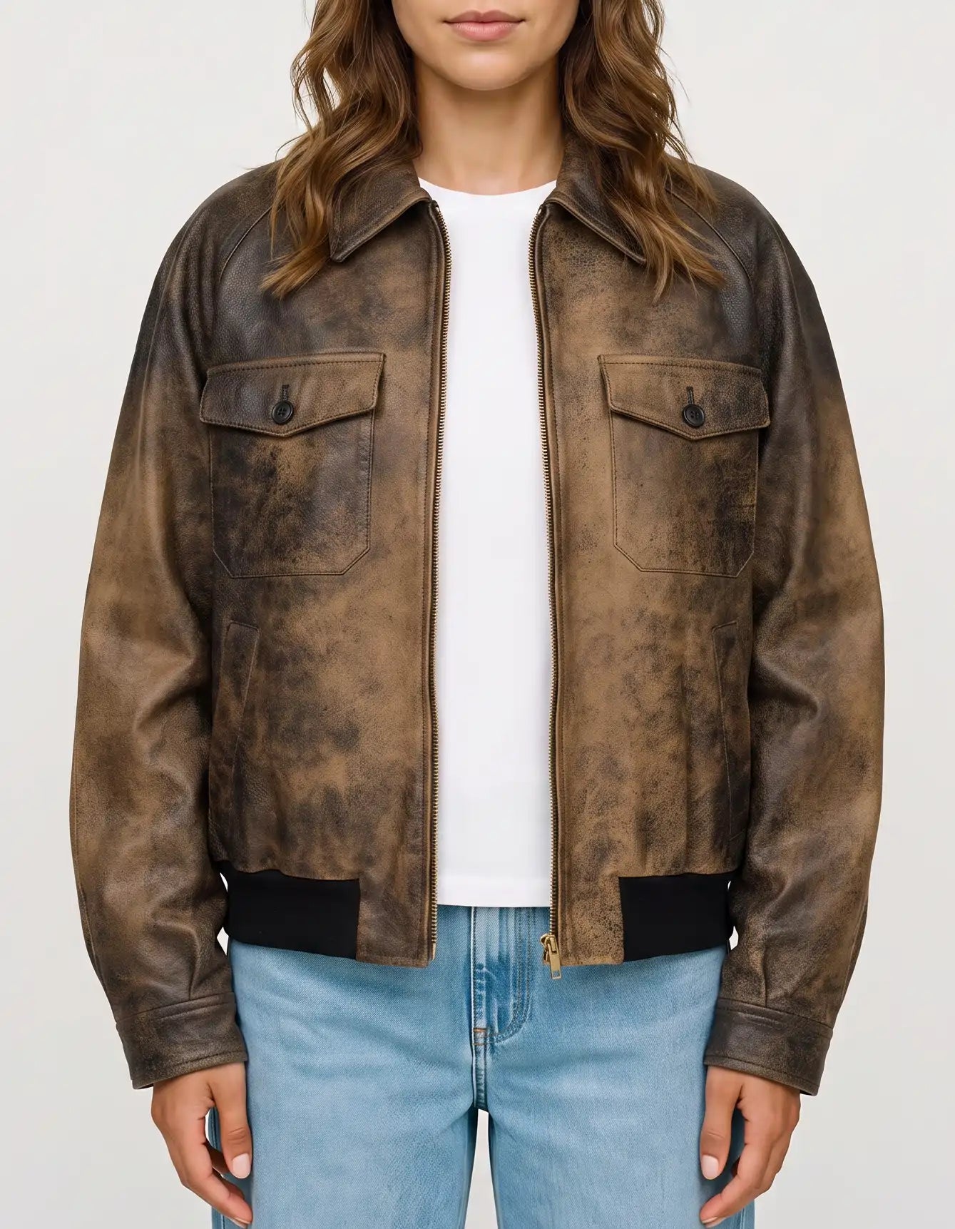 Model wearing The Hazel women's waxed suede leather bomber jacket with a vintage-inspired distressed finish.