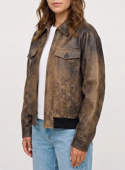 Side view of The Hazel women's distressed waxed suede leather bomber jacket with utility-inspired styling.