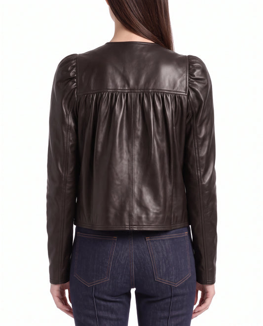 Back view of The Maeve dark brown full-grain lambskin leather jacket with a clean minimalist silhouette