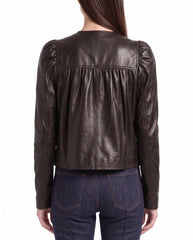 Back view of The Maeve dark brown full-grain lambskin leather jacket with a clean minimalist silhouette