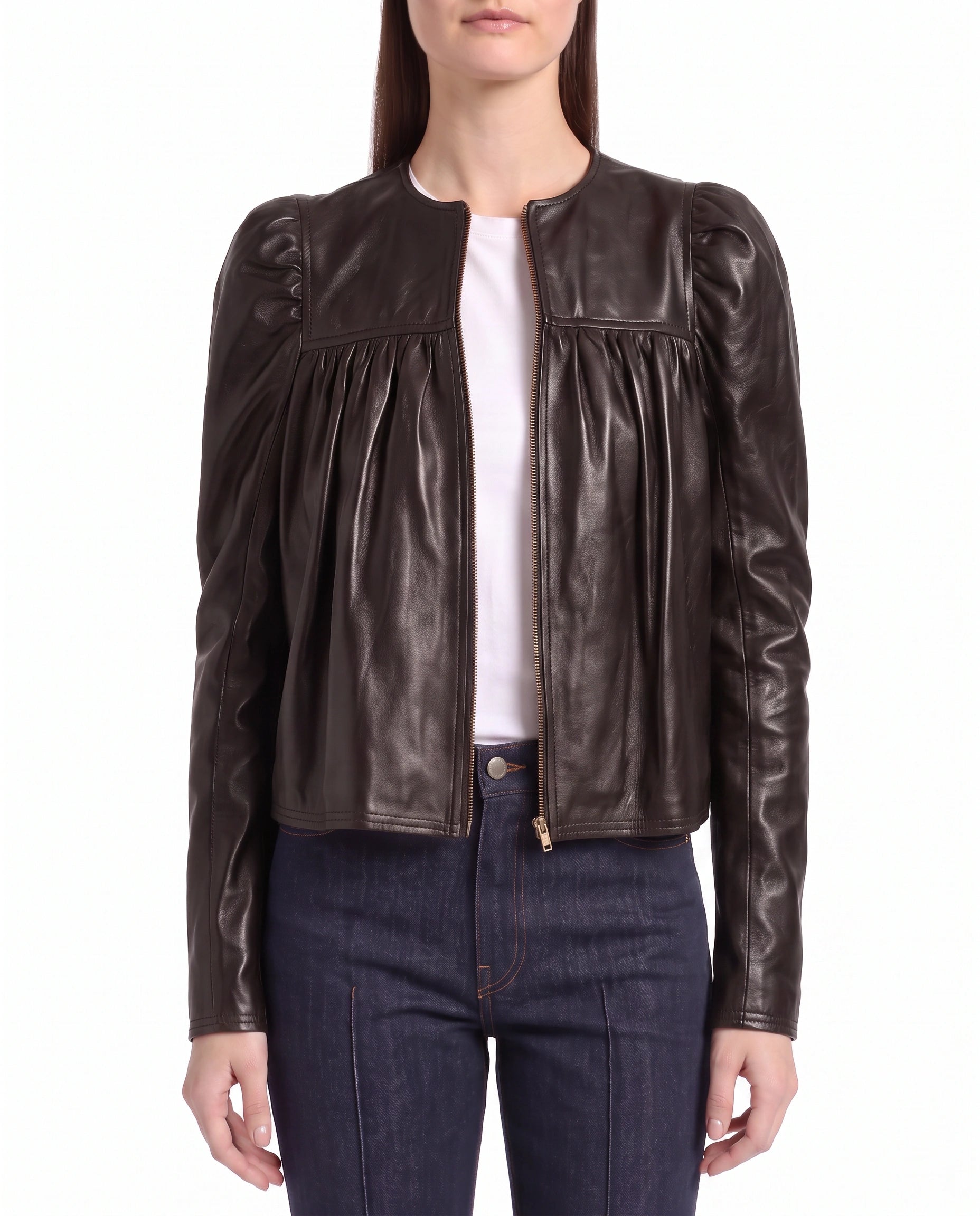 Front view of The Maeve women's dark brown gathered lambskin leather jacket crafted from premium full-grain leather