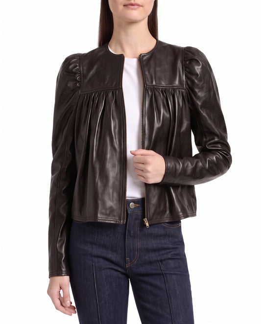 Model wearing The Maeve dark brown gathered lambskin leather jacket with feminine puff shoulders