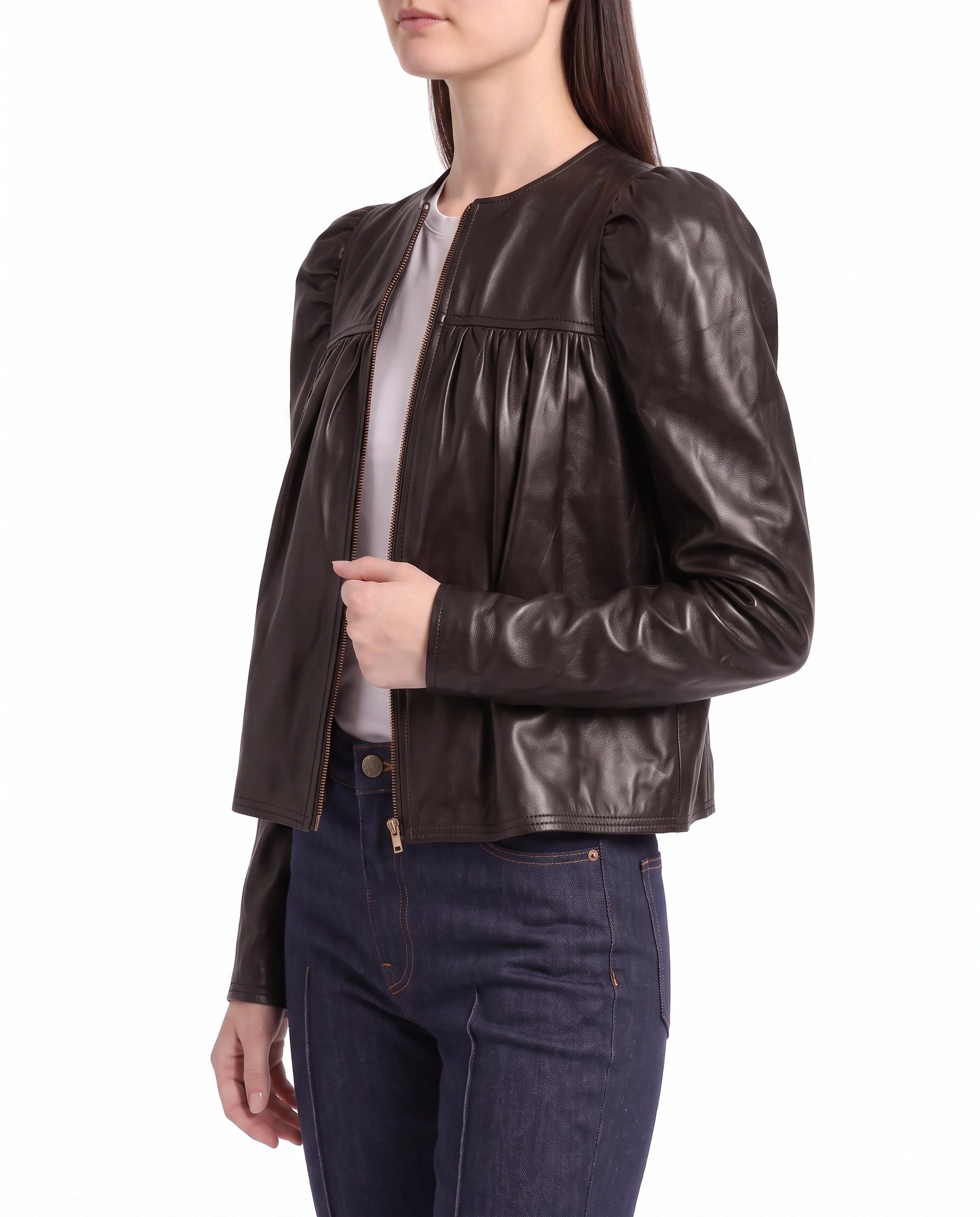 Side view of The Maeve women's gathered lambskin leather jacket highlighting puff shoulders and elegant drape