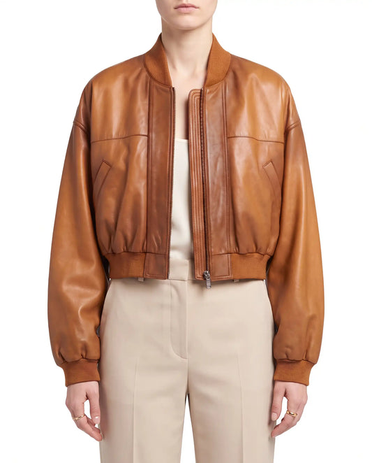 The Marlowe women's tan lambskin leather jacket front view
