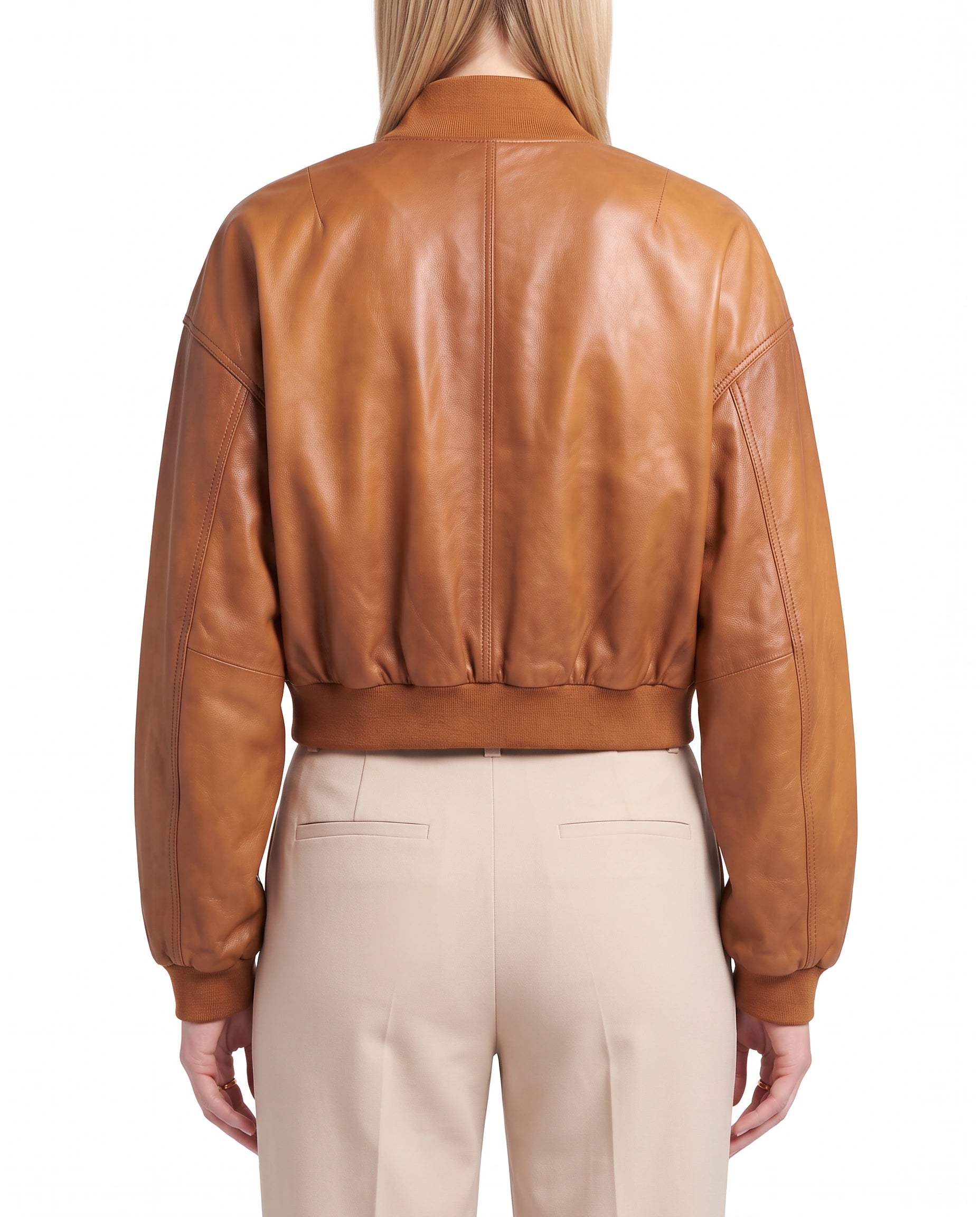 The Marlowe women's tan lambskin leather jacket back view