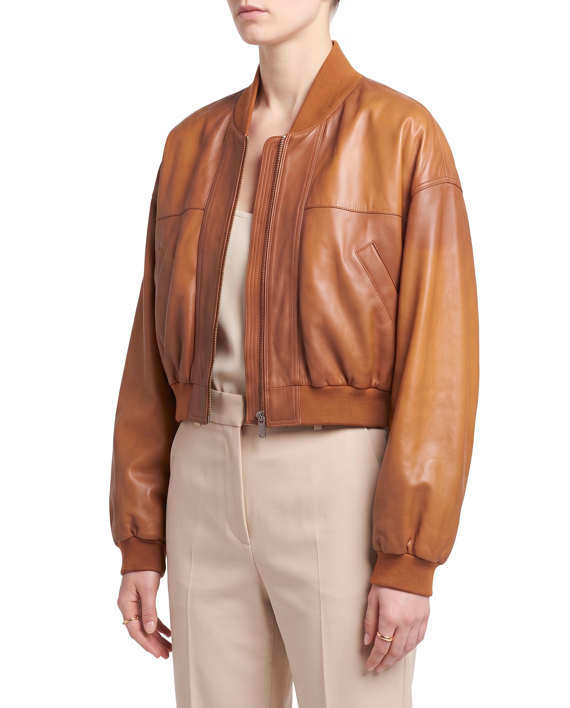 The Marlowe women's tan lambskin leather jacket side view