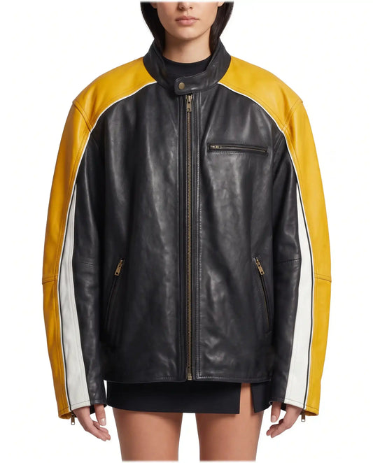 Front view of The Monaco oversized racing lambskin leather jacket in black with mustard yellow sleeves and white racing stripes.