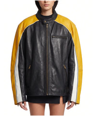Front view of The Monaco oversized racing lambskin leather jacket in black with mustard yellow sleeves and white racing stripes.