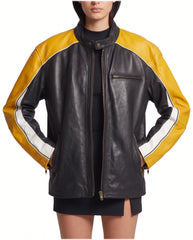 Model wearing The Monaco oversized racing lambskin leather jacket with a bold vintage motorsport style.