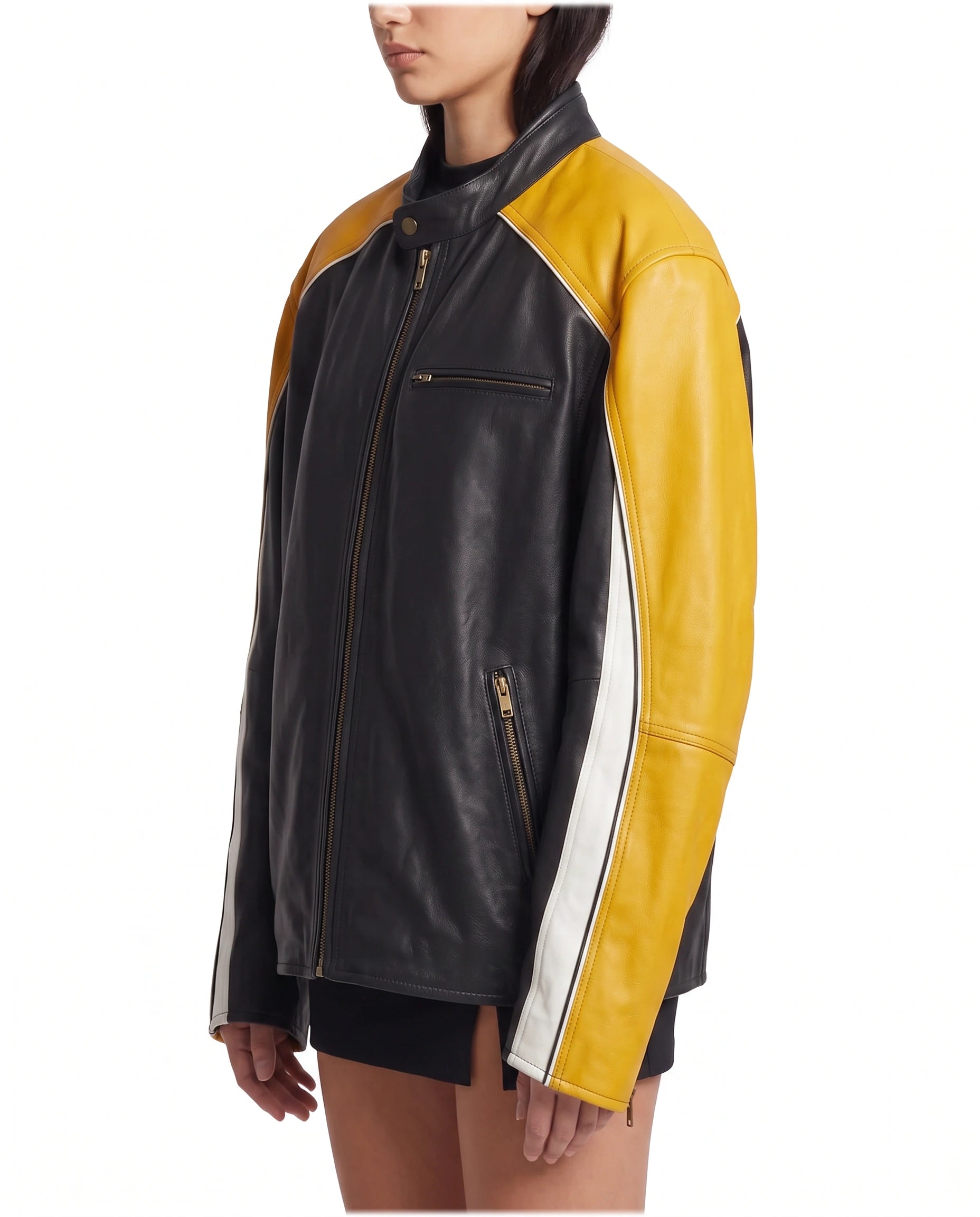 Side view of The Monaco oversized racing lambskin leather jacket featuring vintage racing-inspired color blocking.