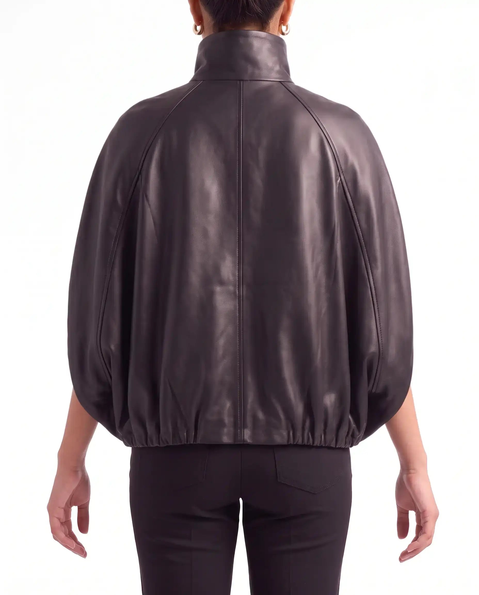 Back view of The Selene women's black leather cape jacket crafted from premium lambskin
