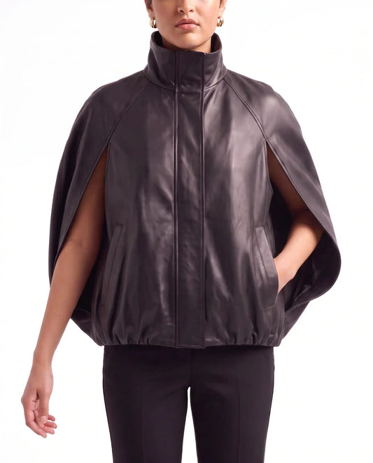 The Selene women's black lambskin leather cape jacket front view with high funnel collar